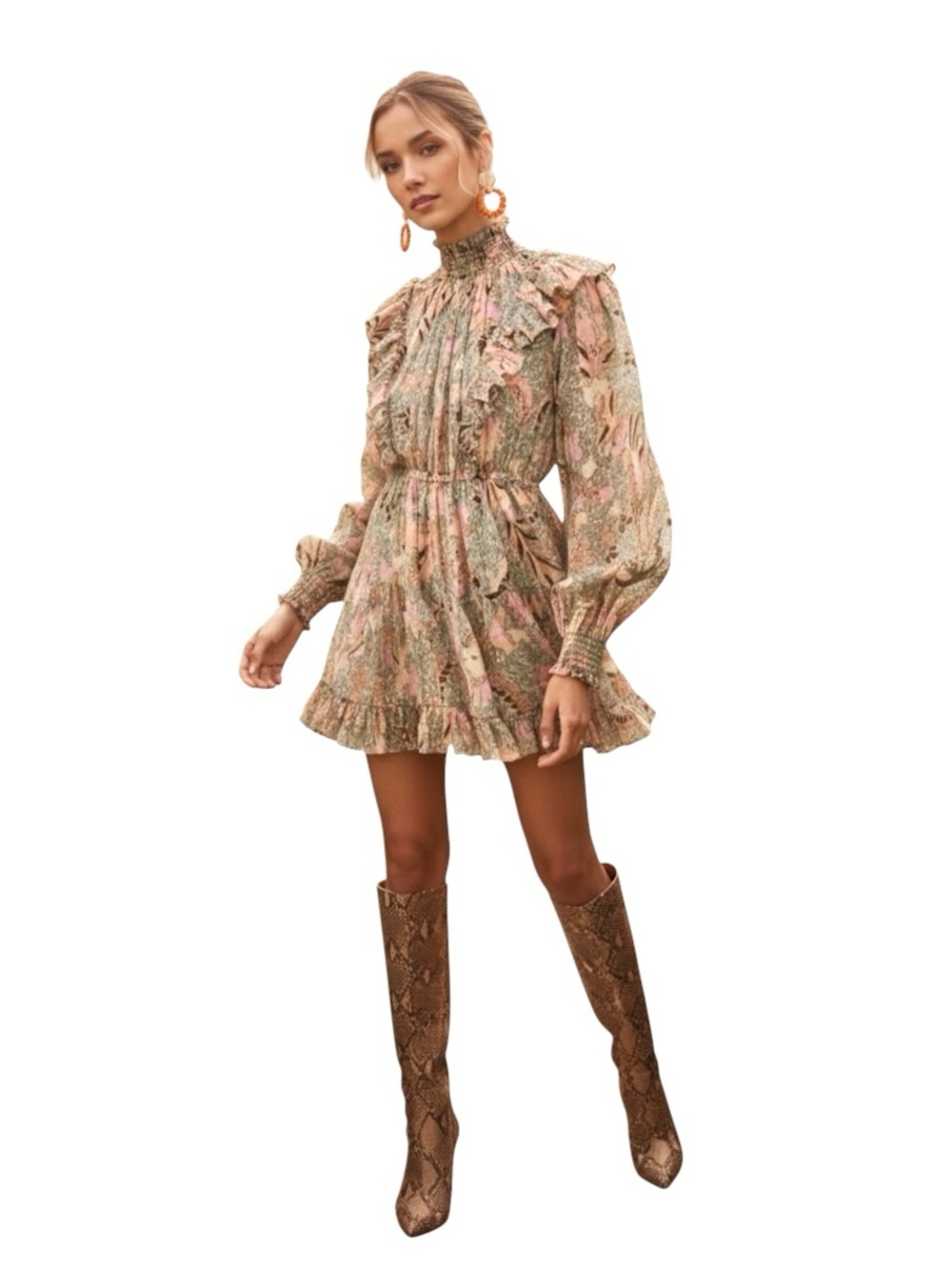 ULLA JOHNSON Vienne Ruffle High Neck Floral Puff Sleeve Boho Mini Dress